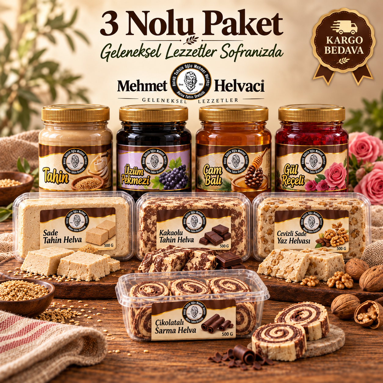 3 Nolu Paket - 8 Ürünlü Helva, Bal ve Reçel Seti
